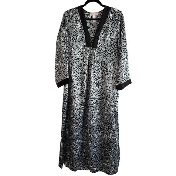 OSCAR DE LA RENTA Pink Label Gray Black Animal Print Satin Housecoat Robe - Sz S - Picture 1 of 4